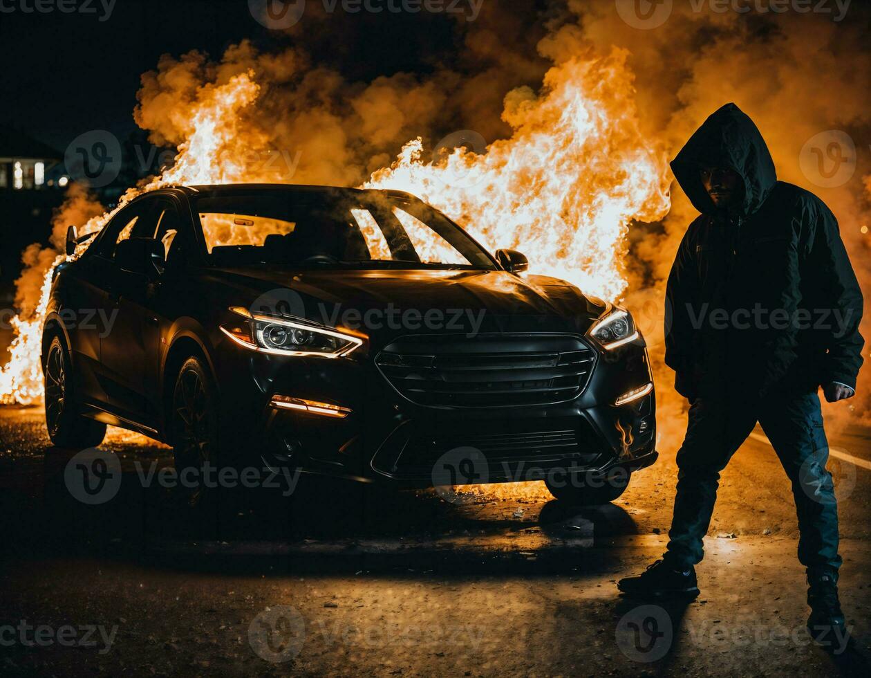 foto di uomo indossare felpa con cappuccio giacca nel davanti di ardente auto copertina con fuoco, generativo ai