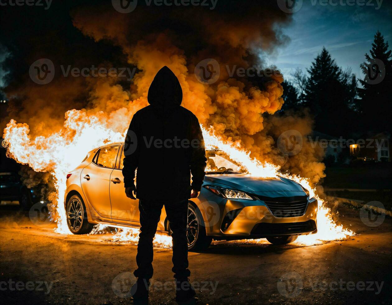 foto di uomo indossare felpa con cappuccio giacca nel davanti di ardente auto copertina con fuoco, generativo ai