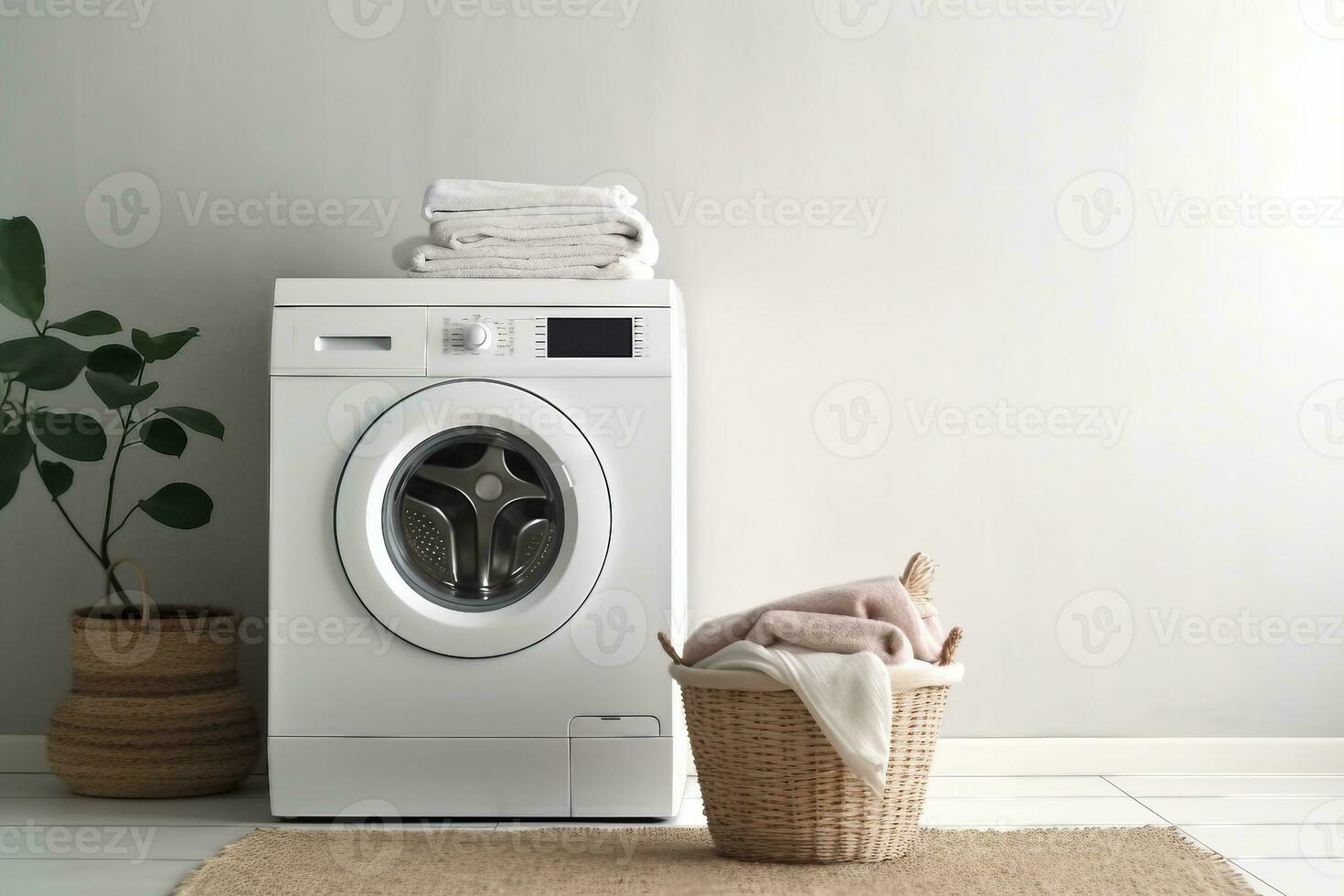 moderno lavaggio macchina e lavanderia cestino vicino bianca parete al chiuso, spazio per testo. bagno interno. generativo ai. foto