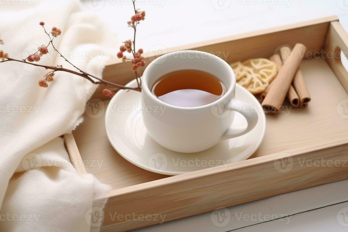 tè vassoio e maglione, bianca legna sfondo, tonica. generativo ai. foto