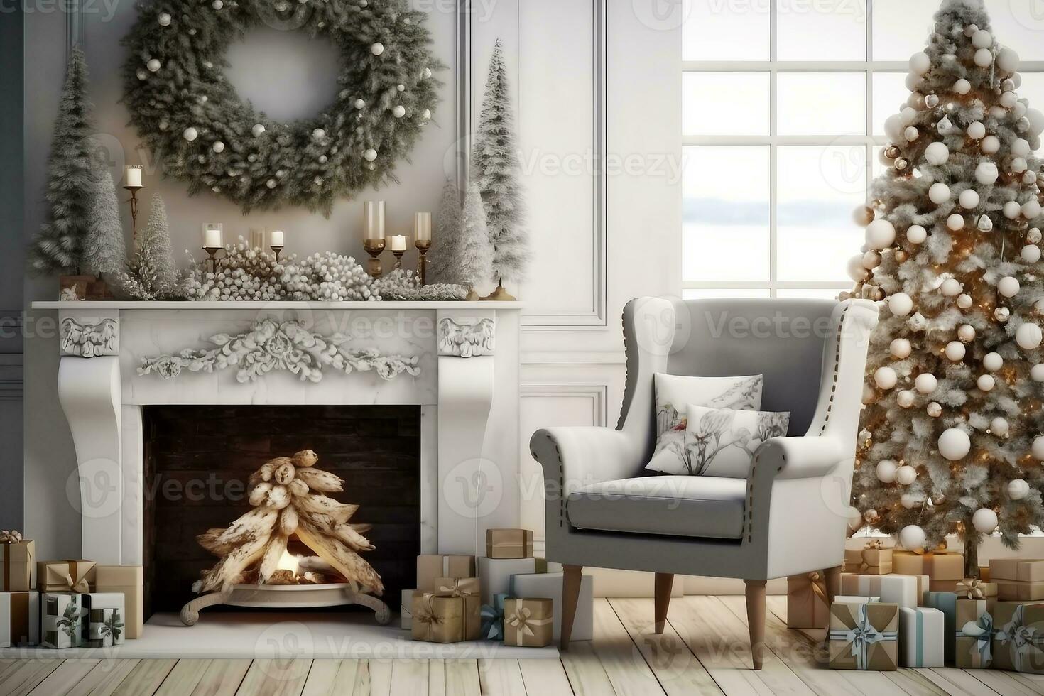 nuovo anno albero nel scandinavo stile interno con Natale decorazione e il camino. generativo ai. foto