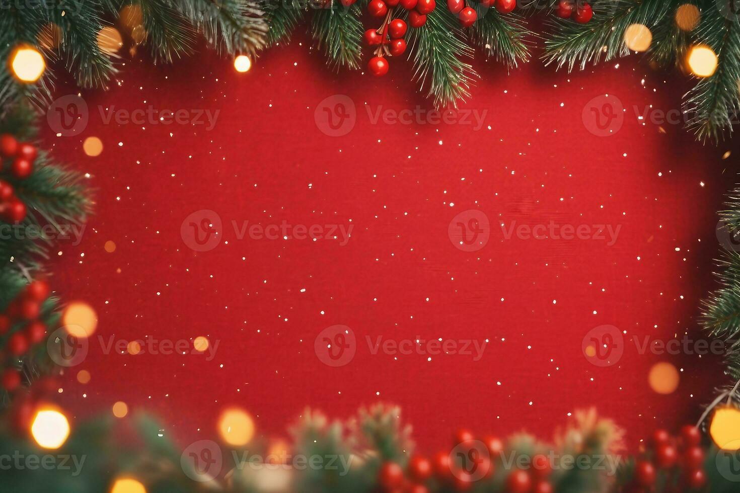 Natale sfondo con natale albero e scintillare bokeh luci su rosso tela sfondo. allegro Natale carta. inverno vacanza tema. contento nuovo anno. spazio per testo. generativo ai. foto