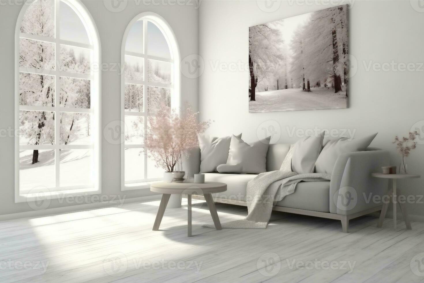 elegante camera nel bianca colore con divano e inverno paesaggio nel finestra. scandinavo interno design. 3d illustrazione. generativo ai. foto