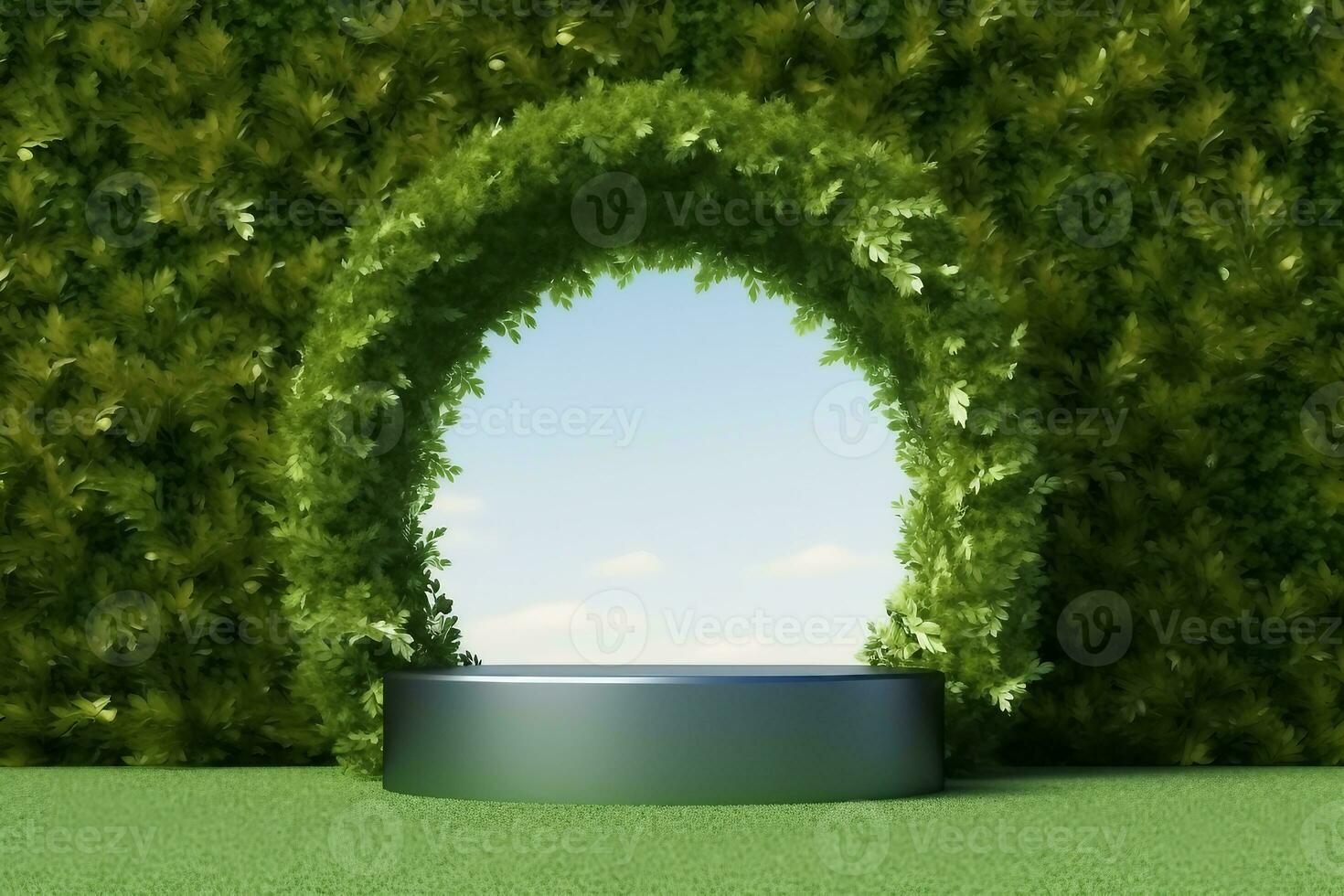 piattaforma e naturale podio sfondo su il erba campo con verde foglia arco porta per Prodotto Schermo, vuoto vetrina, finto su modello o cosmetico presentazione. generativo ai. foto