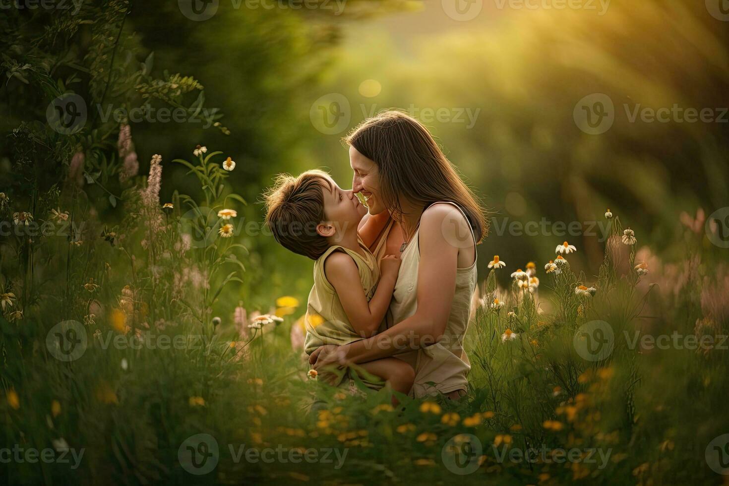 madre e bambino condivisione un' tenero momento nel un' campo di fiori. generativo ai foto