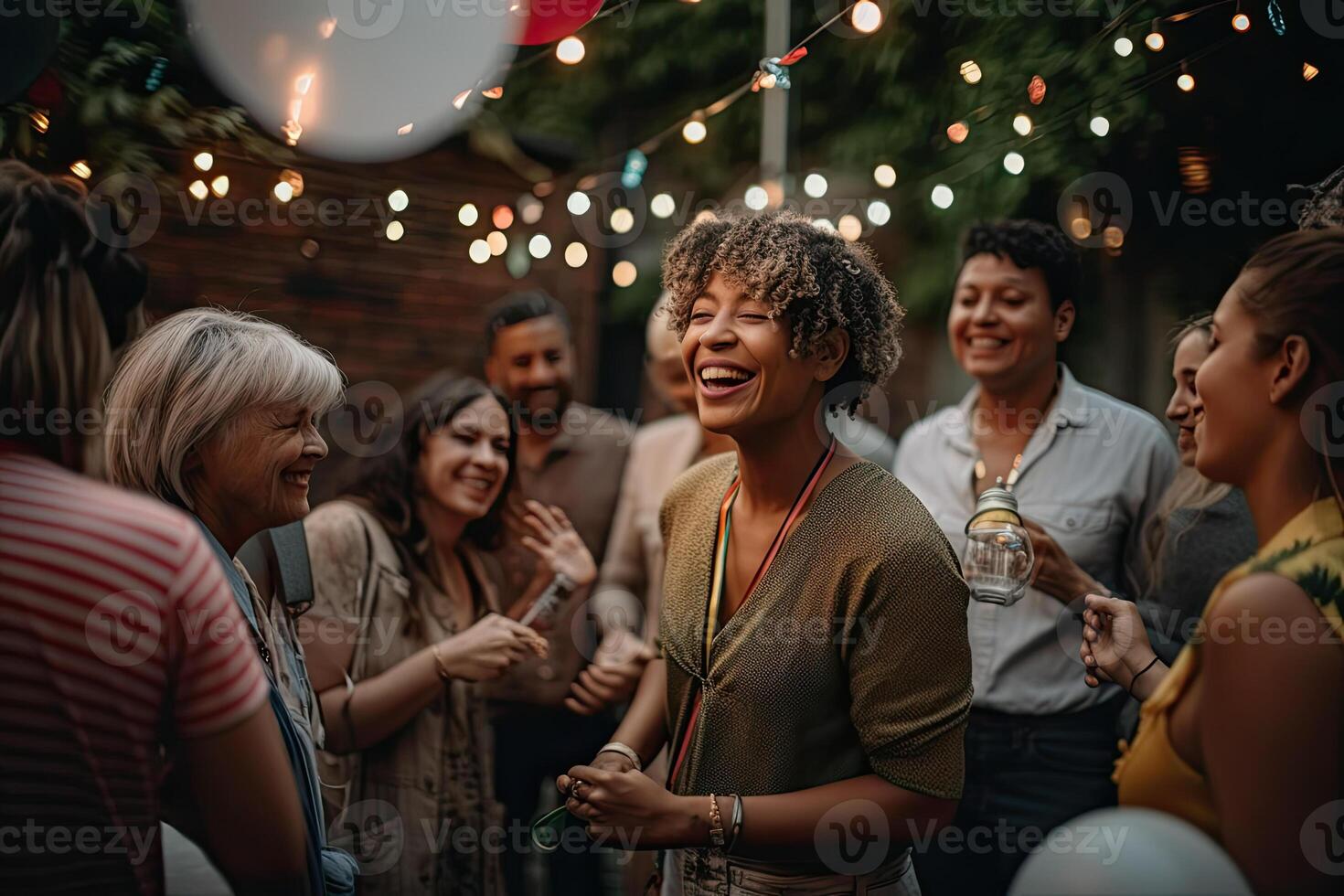 persone parlando e ridendo a un' terrazza festa. generativo ai foto