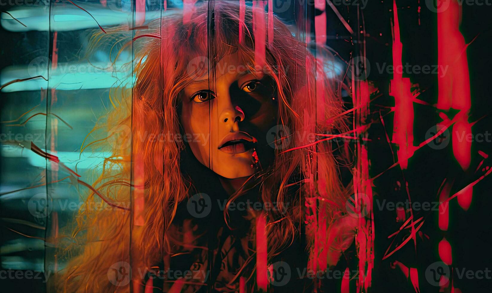 mistico donna con ardente rosso capelli sta su contro un' ombroso sfondo. creato di ai foto