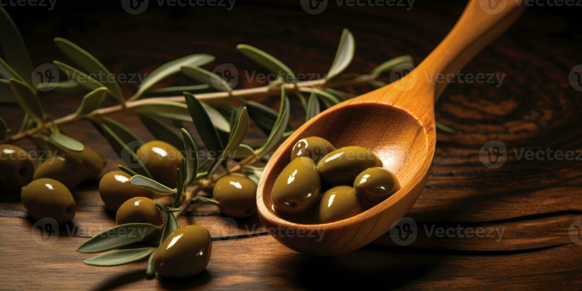 fresco olive nel un' cucchiaio con gocciolante olio. ai generativo foto