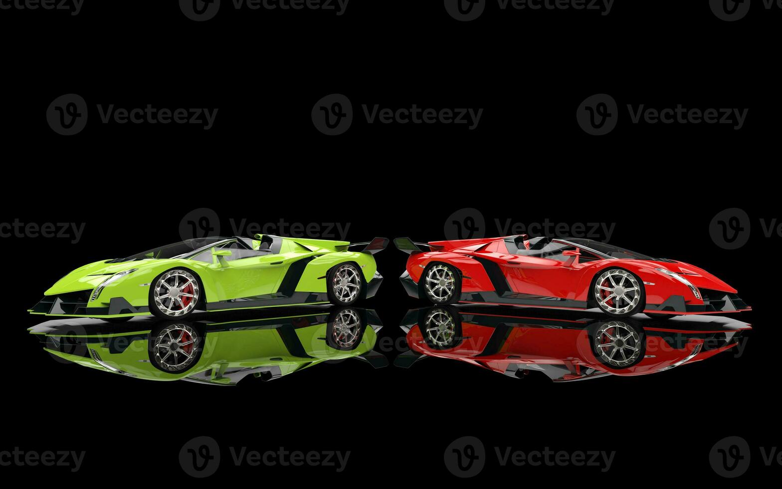 verde e rosso supercar su nero riflessivo sfondo foto