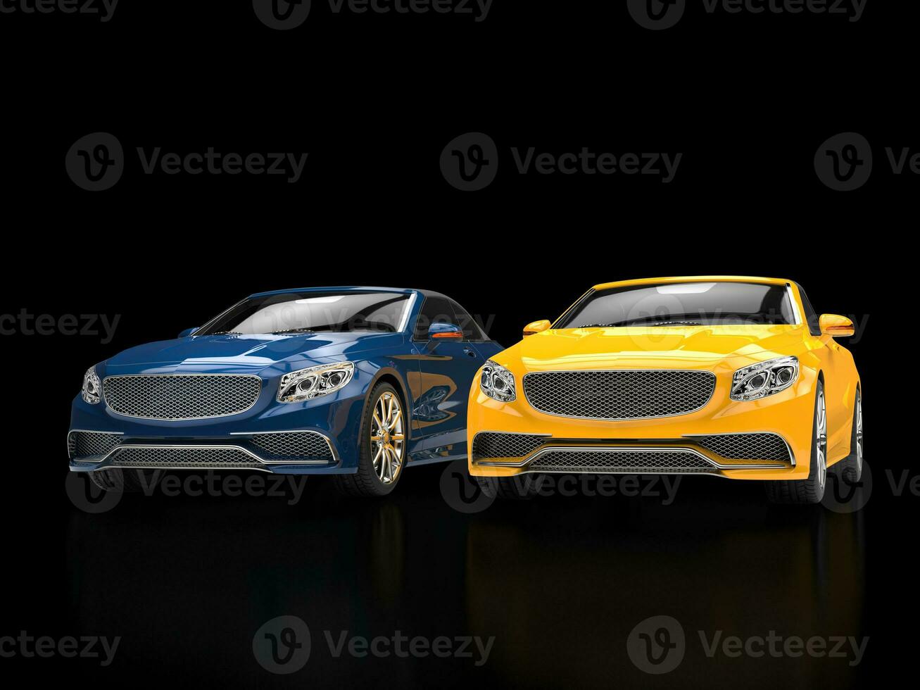 blu e giallo moderno macchine su nero riflessivo sfondo foto
