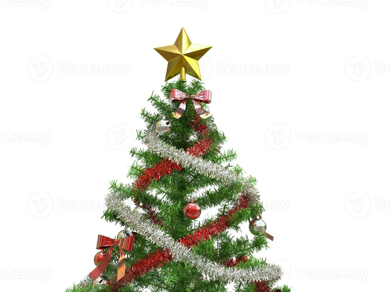 Natale albero con brillante rosso e bianca orpelli e oro stella superiore decorazione foto