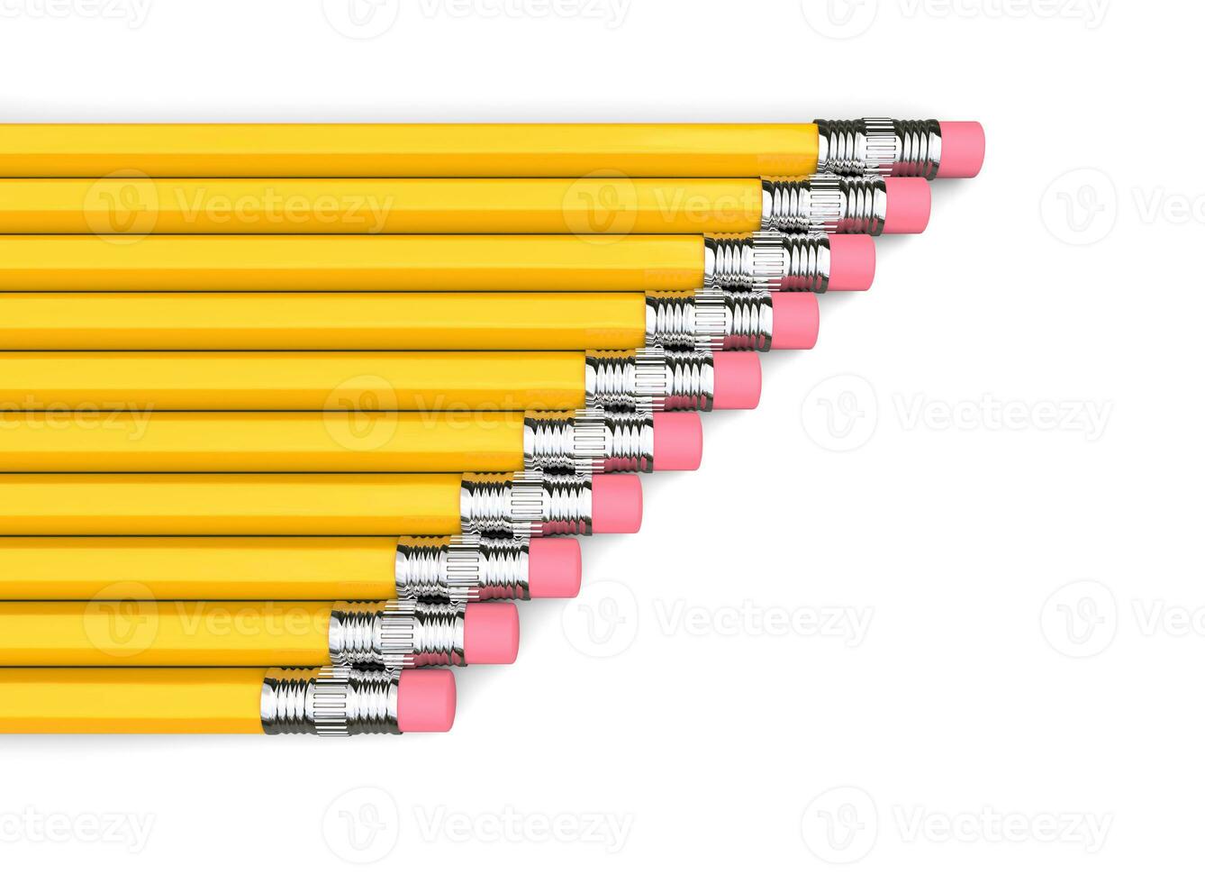 ordinatamente impilati riga di giallo matite, gomma per cancellare fine - superiore giù Visualizza foto