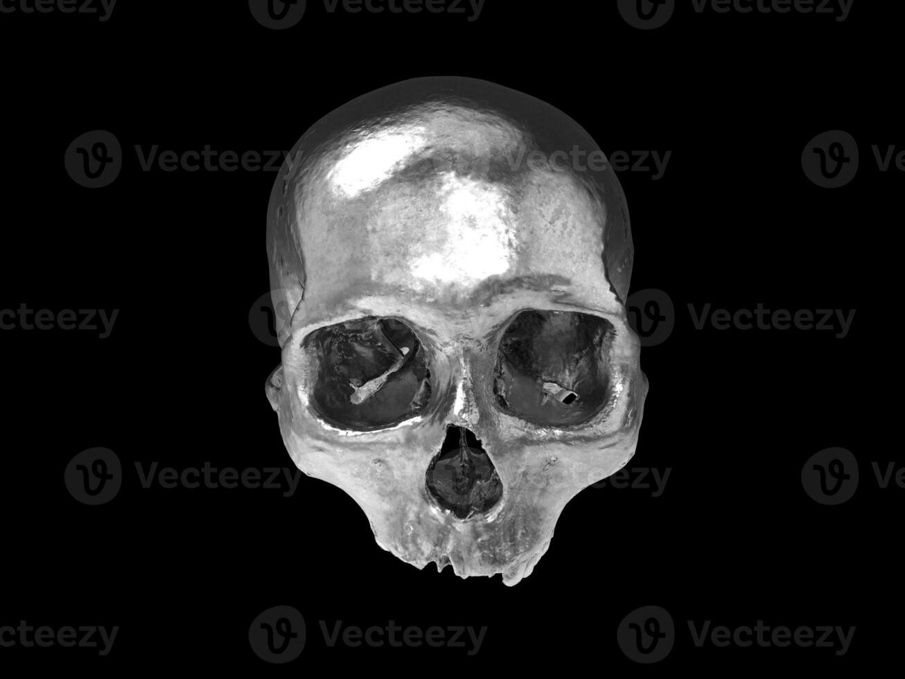 brillante accidentato cromo cranio con no inferiore mascella - davanti Visualizza - 3d illustrazione foto