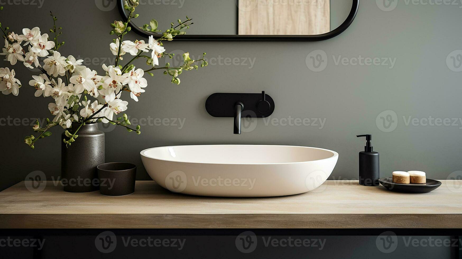 vicino su elegante bagno con ovale lavello, vuoto controsoffitto, di legno vanità, nero incorniciato specchio, fiore e grigio parete. generativo ai foto