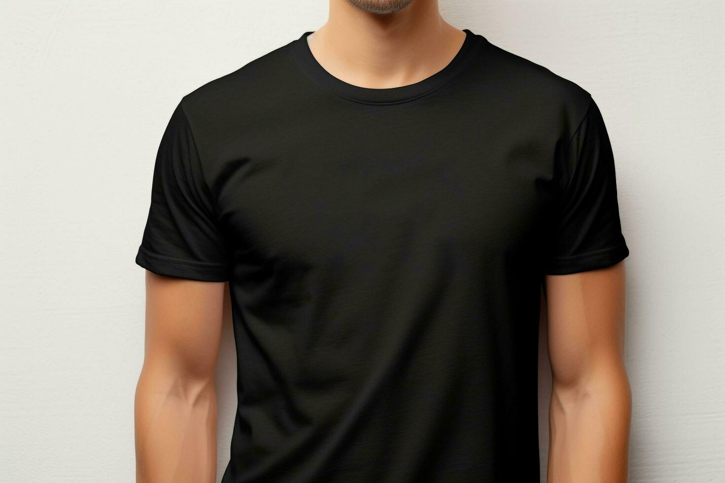 un' giovane uomo in mostra un' bella tela classico nero t - camicia modello, ai generato foto