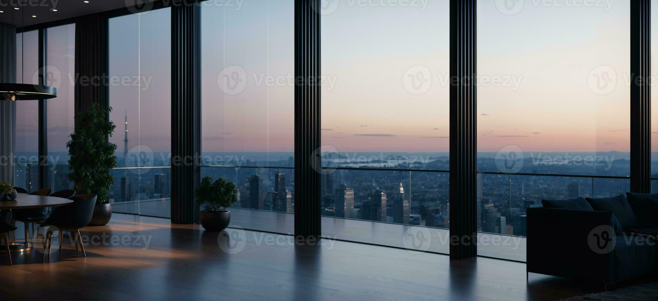 moderno lusso appartamento con panoramico città Visualizza, elegante interno con mozzafiato paesaggio urbano, ai generato foto