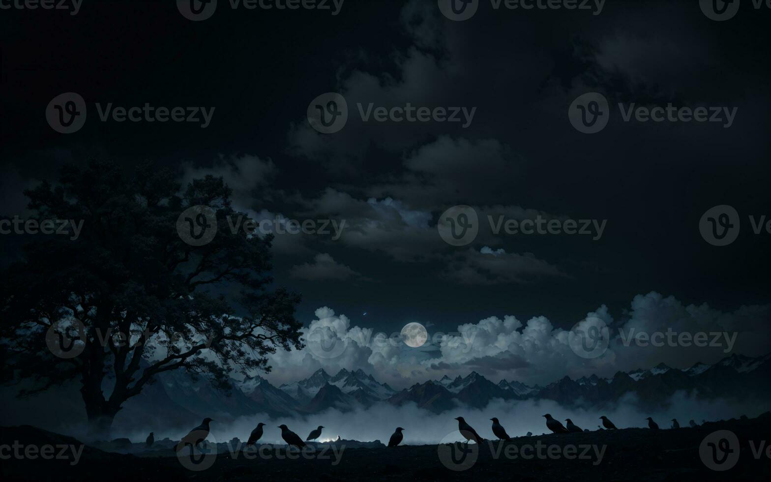 spaventoso Halloween paesaggio con corvo, alberi, e un' buio blu e nero nuvoloso cielo, ai generato foto