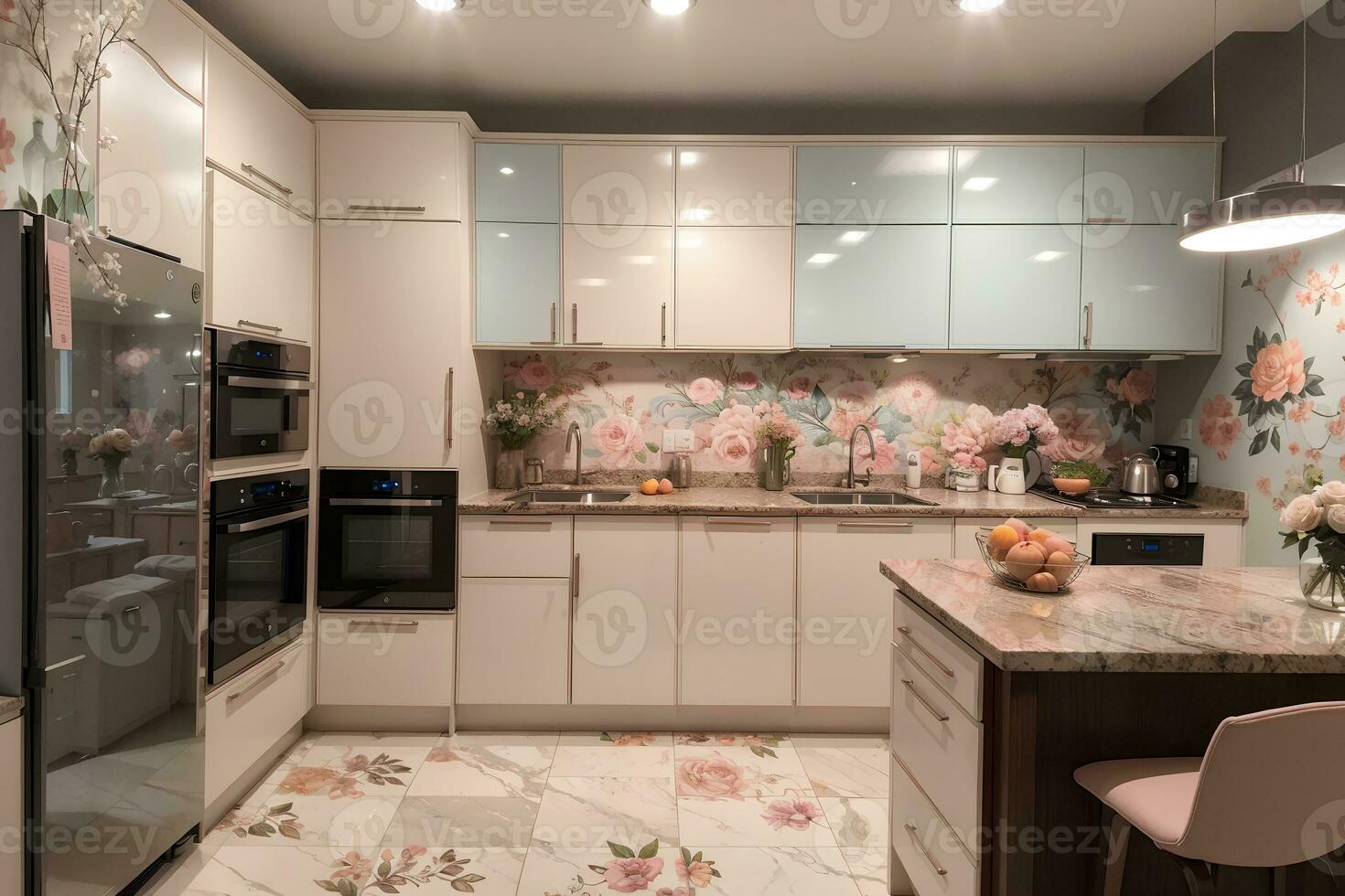 lussuoso cucina con elegante mobilia e raffinato arredamento. sereno e spazioso cucinando spazio, pesca e polvere rosa lusso interno design floreale colore frigorifero e forno .ai generato foto