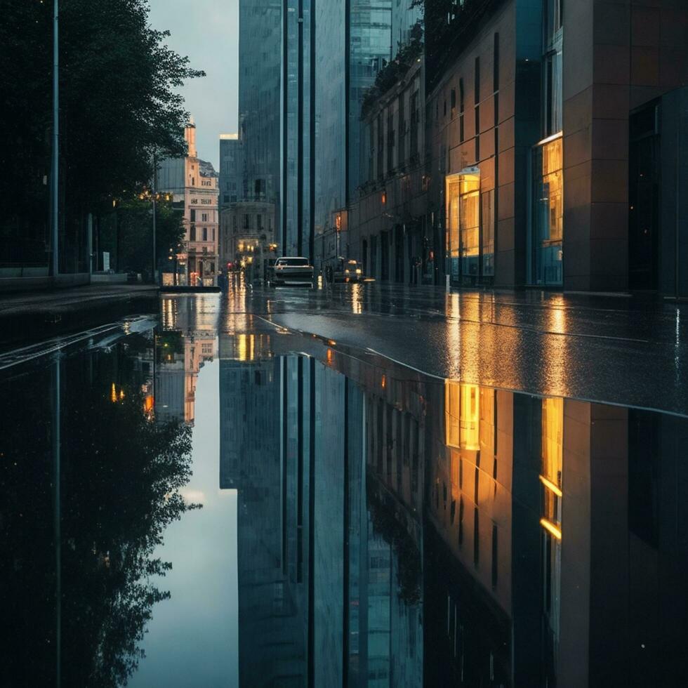 un' piovoso strada e riflessione di edificio ai generato foto