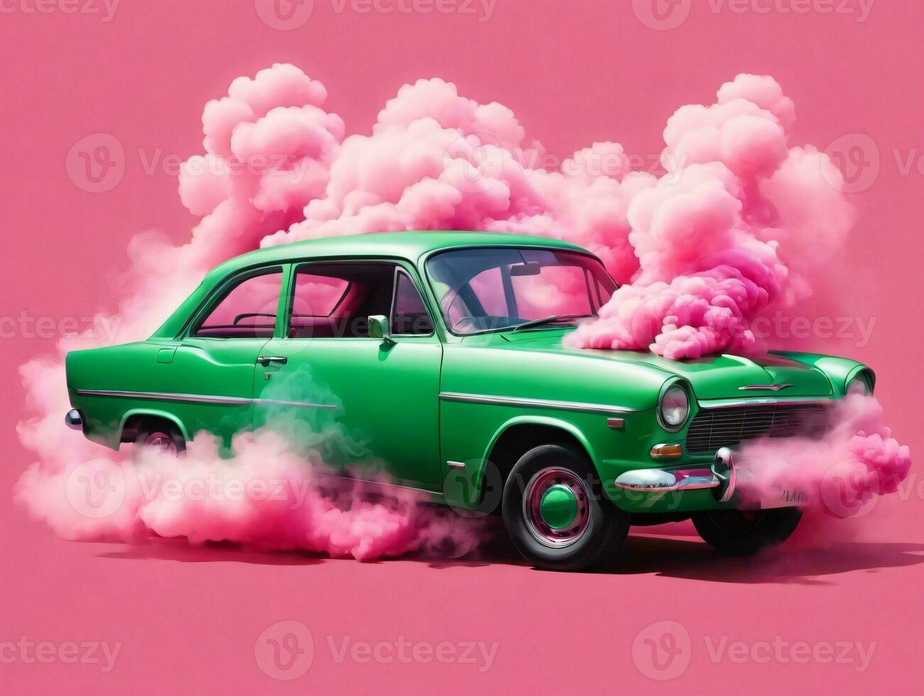 un' verde auto con rosa Fumo In arrivo su di esso. ai generato foto