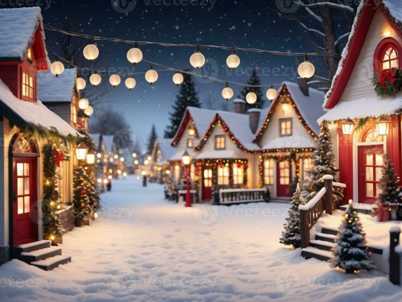 un' nevoso villaggio con Natale luci e un' Natale albero. ai generato foto
