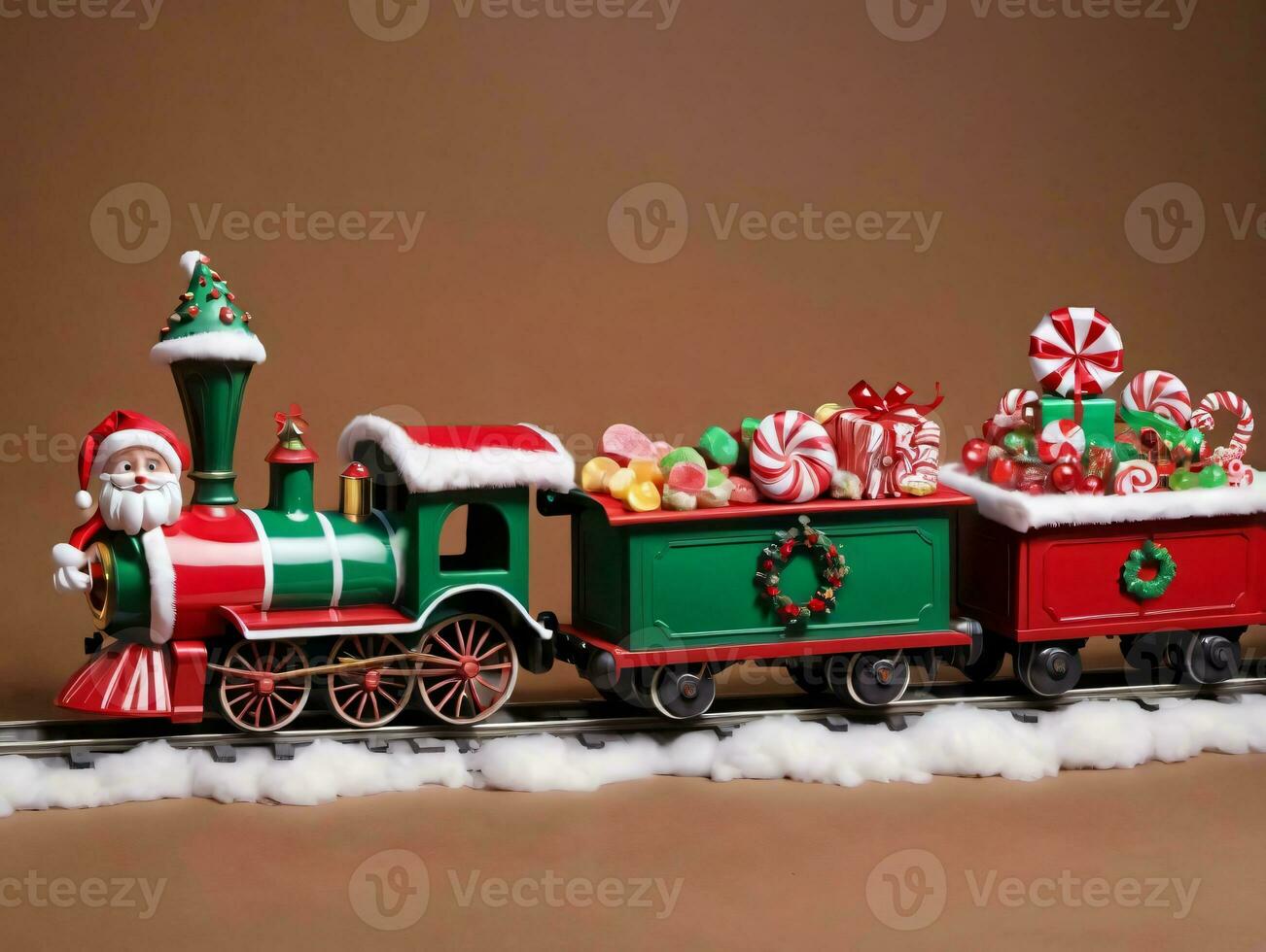un' giocattolo treno con Santa Claus e altro giocattoli. ai generato foto