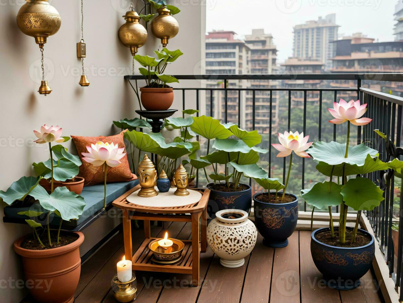 un' balcone con un' tavolo e un' pentola di acqua gigli. ai generato foto