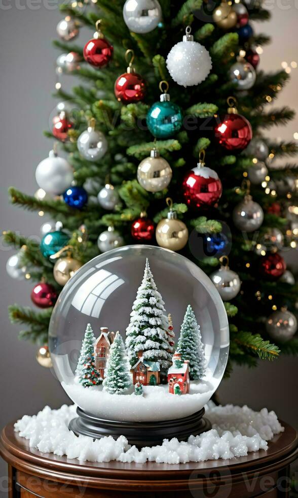 foto di Natale pino albero ornato con bicchiere neve globi. ai generato
