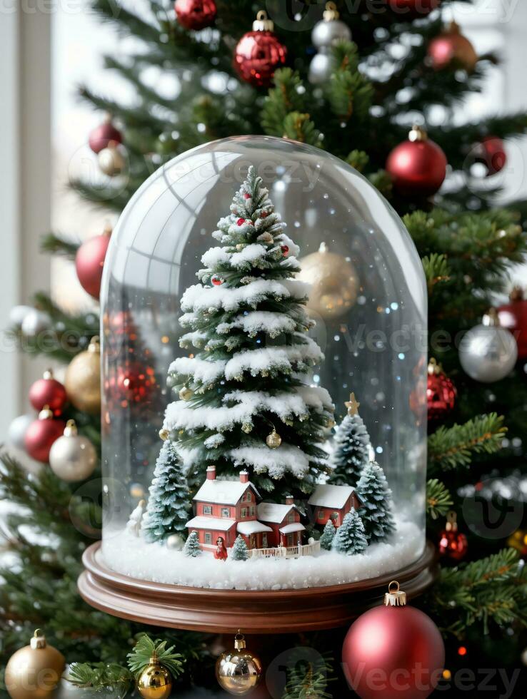 foto di Natale pino albero ornato con bicchiere neve globi. ai generato