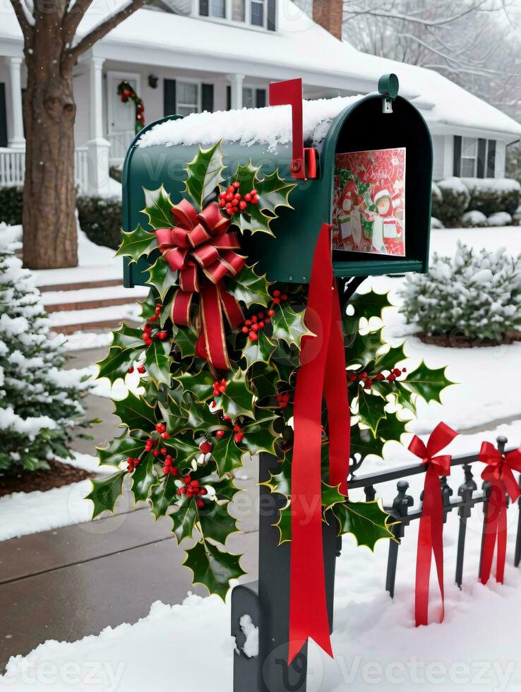 foto di Natale agrifoglio rami decorazione un' cassetta postale pieno con Natale carte e nastri impostato contro un' fondale di un' innevato davanti cortile. ai generato