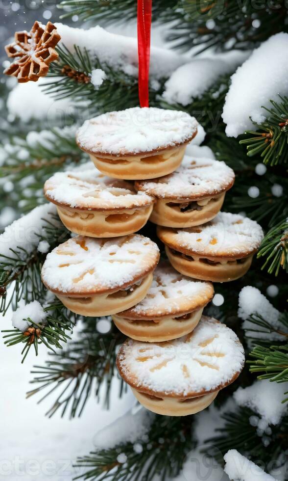 foto di Natale coperto di neve pino albero con sospeso tritare torte. ai generato