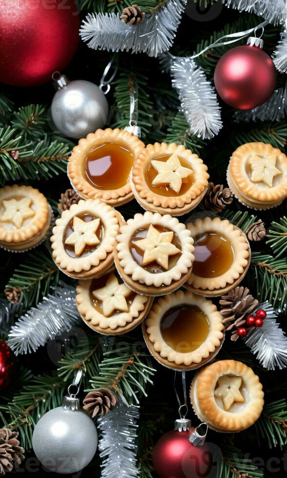 foto di Natale pino albero ornato con tritare torte bicchiere ornamenti e orpelli. ai generato