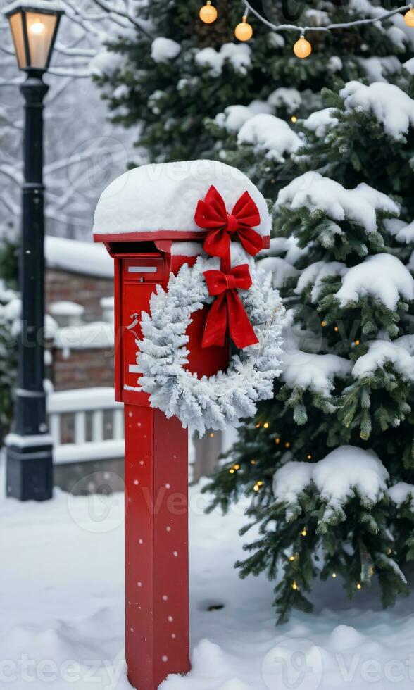 foto di Natale coperto di neve cassetta postale con un' ghirlanda e Fata luci. ai generato