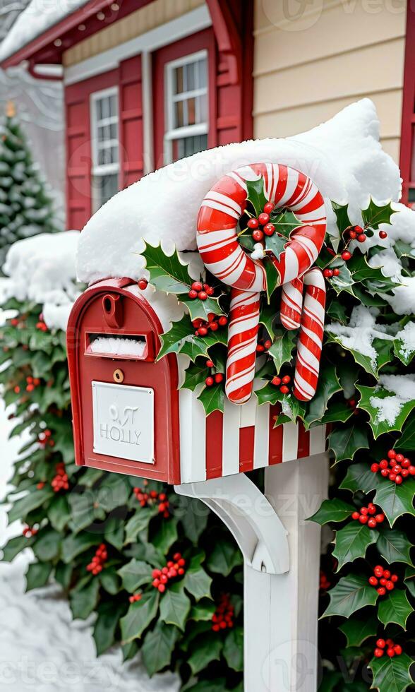 foto di Natale coperto di neve cassetta postale pieno con caramella canne e agrifoglio le foglie al di fuori un' caratteristico villetta. ai generato