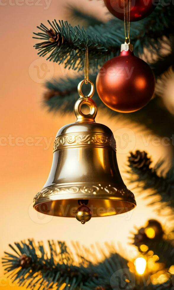 un' d'oro campana ornamento nel il caldo Alba luce. ai generato foto