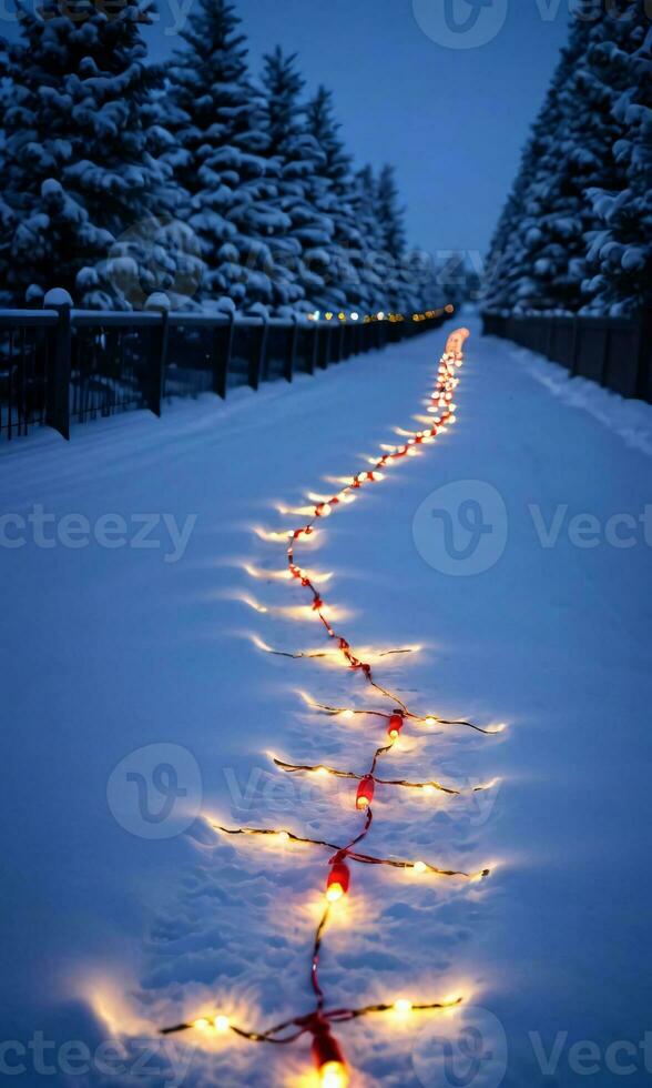 Natale luci la creazione di un' sentiero nel il neve a notte. ai generato foto
