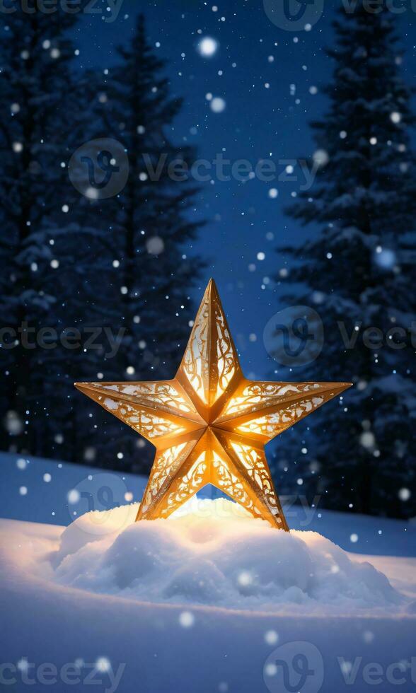 un' Natale stella raggiante brillantemente su un' nevoso notte. ai generato foto