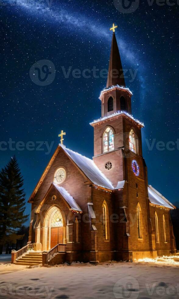 un vecchio Chiesa ornato con Natale luci sotto stellato notte. ai generato foto