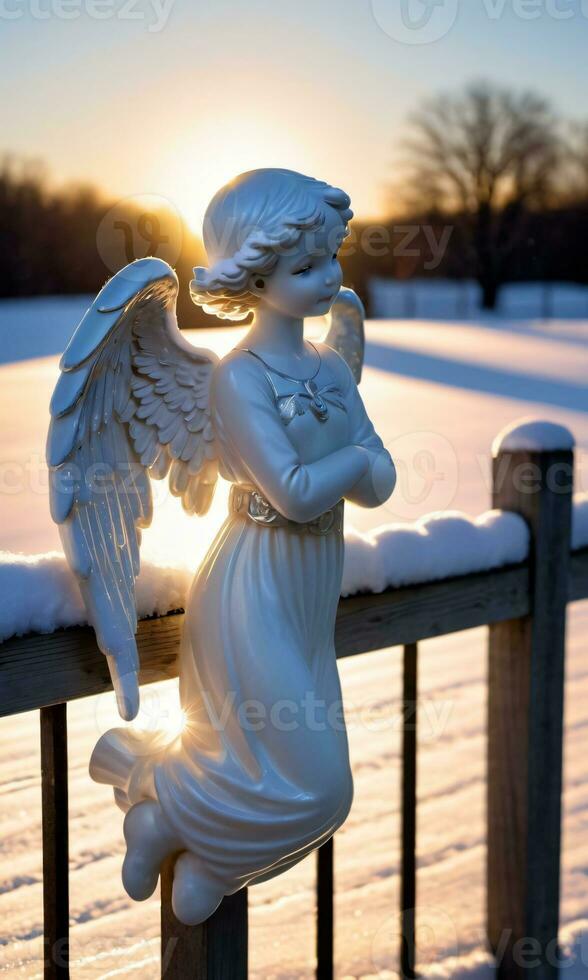 un angelo ornamento riposo su un' nevoso recinto con il Alba getto morbido ombre. ai generato foto