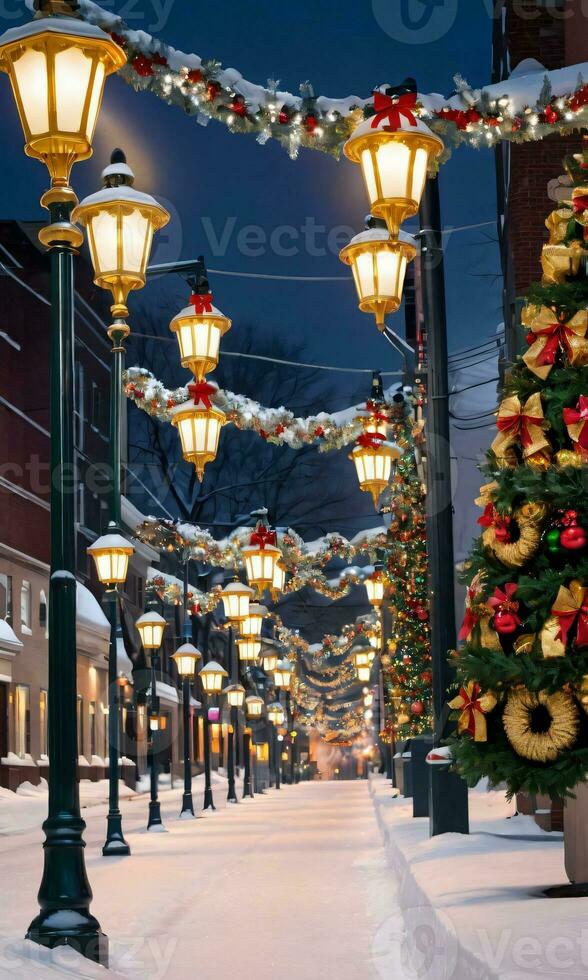 un' nevoso strada nel un' città con lampada messaggi ornato di colorato Natale luci ghirlande e d'oro campane tiro a crepuscolo. ai generato foto