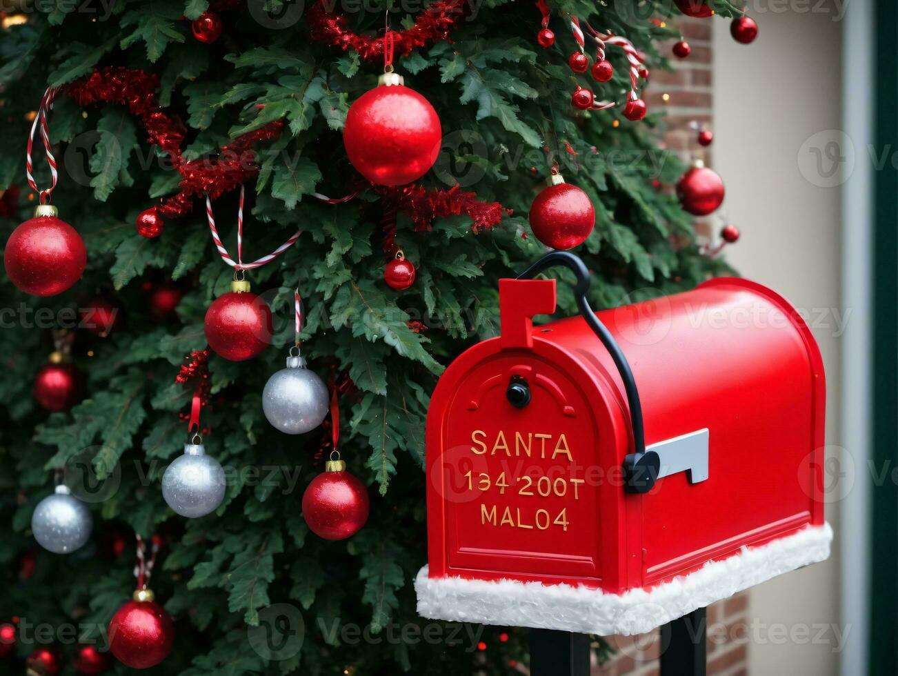 un' rosso cassetta postale con un' Natale albero nel il sfondo. ai generato foto