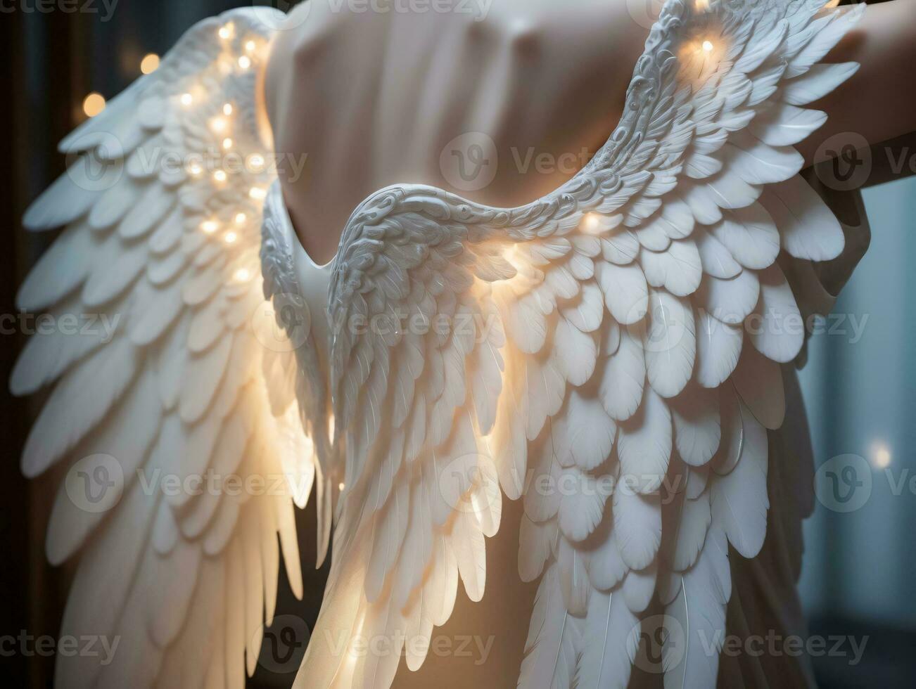 un' bianca angelo statua con luci su esso. ai generato foto