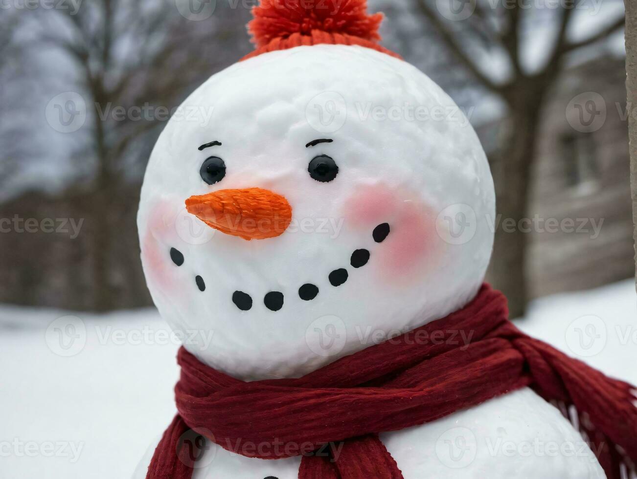 un' pupazzo di neve con un' rosso sciarpa e un' rosso cappello. ai generato foto