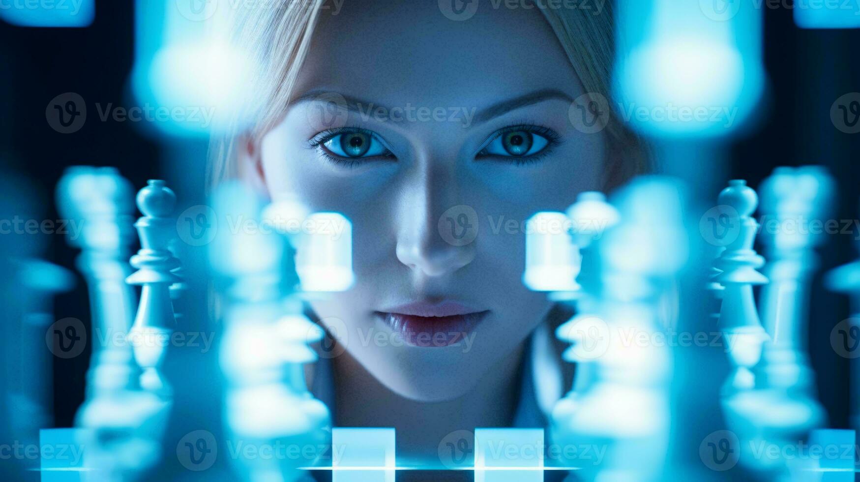 un' donna con ipnotizzante blu occhi circondato di un' strategico preparativi di scacchi pezzi ai generato foto