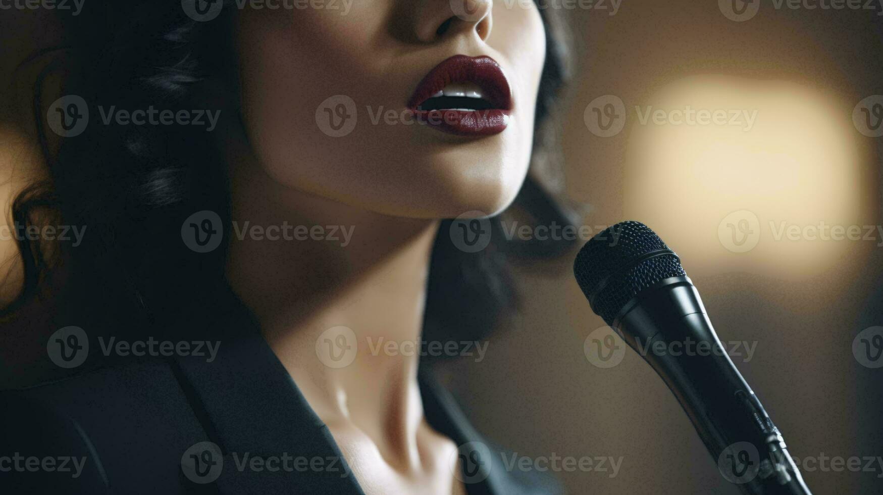 un' donna cantando appassionatamente in un' microfono nel un' debolmente illuminato camera ai generato foto