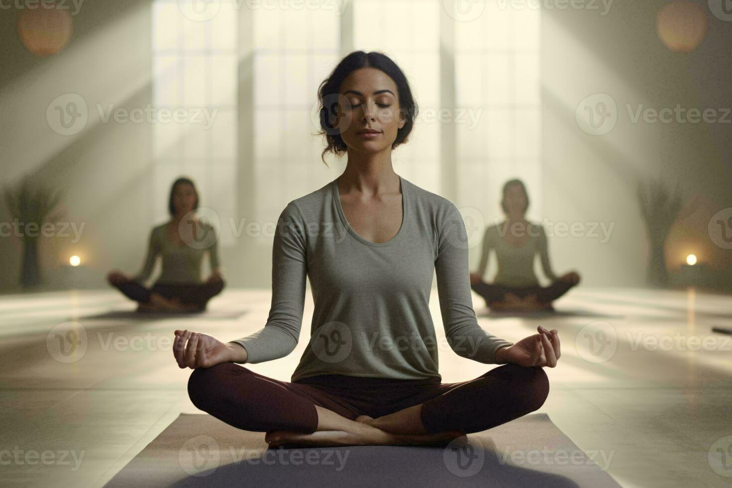 un' donna Meditare nel un' yoga posa ai generato foto