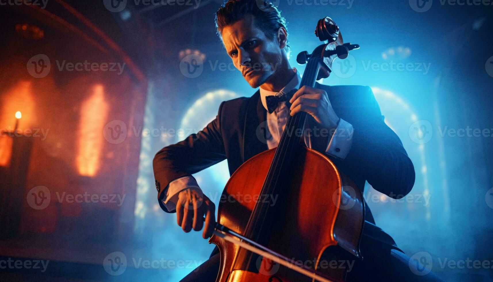 un' uomo elegantemente giocando il violoncello nel un' formale ambientazione ai generato foto
