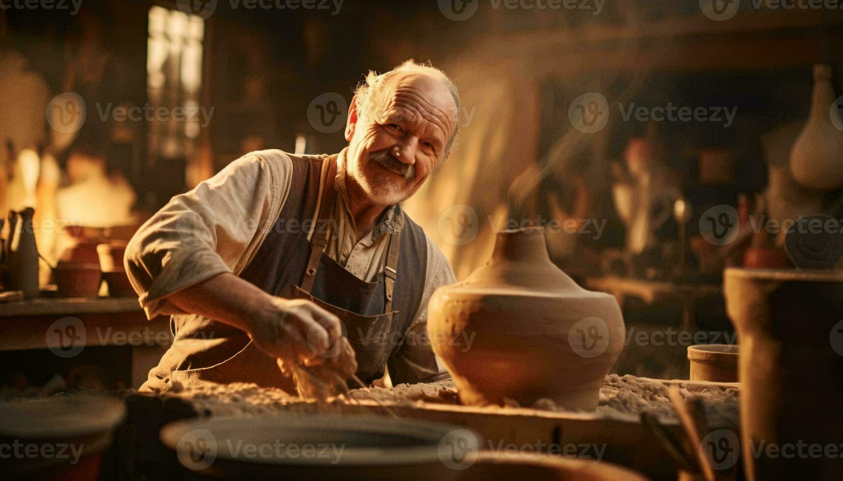 un' uomo scolpire un' argilla vaso ai generato foto