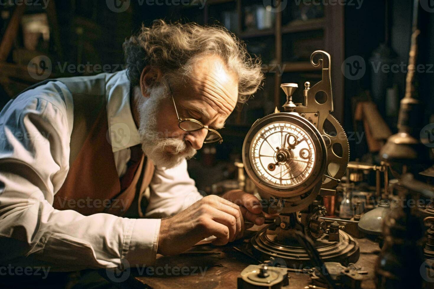 un' uomo riparazione un' Vintage ▾ orologio con precisione e abilità ai generato foto