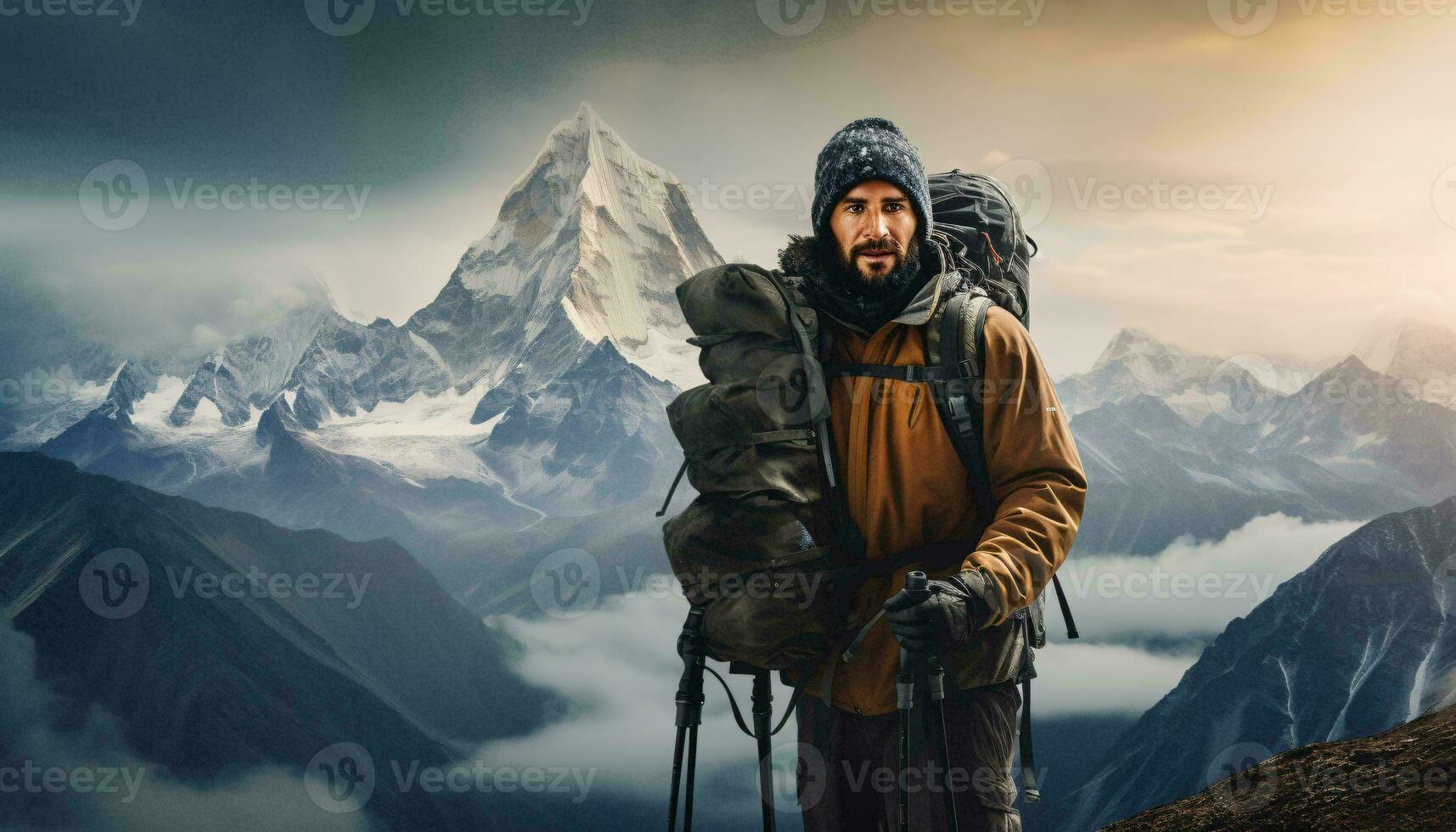 un' uomo conquista il vertice di un' maestoso montagna con determinazione e zaino ai generato foto